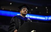 萨钦谢蒂, executive director of the Center for Secure and Intelligent Critical Systems at ODU's Virginia 建模, 分析与仿真中心, speaks at the advanced degree ceremony Friday evening at the Chartway Arena. 图Chuck Thomas/ODU